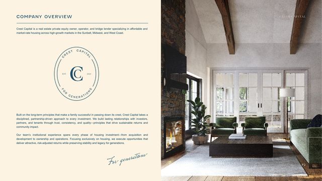 Sample investor deck: Company overview slide with the Crest Capital crest logo beside an interior photo