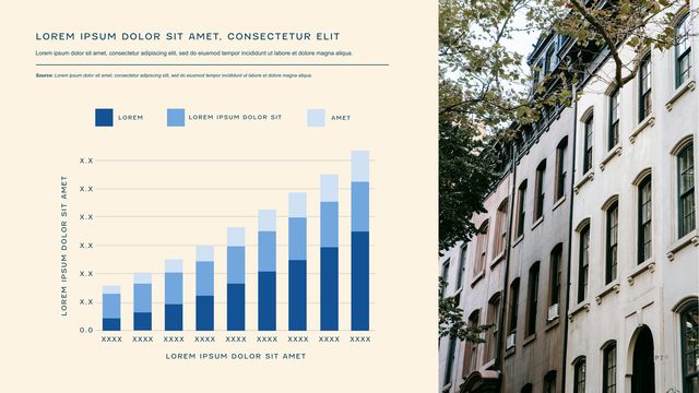 Sample investor deck: Stacked bar chart slide beside a photo of a brownstone facade