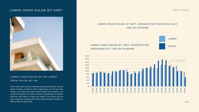 Sample investor deck: Navy slide with an architectural photo beside a clustered bar chart