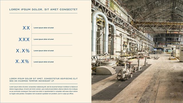 Sample investor deck: Key figures slide beside a photo of an industrial interior