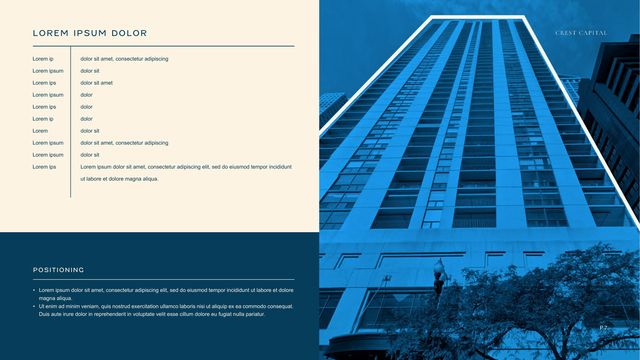 Sample investor deck: Table and positioning slide beside a blue-toned tower photo