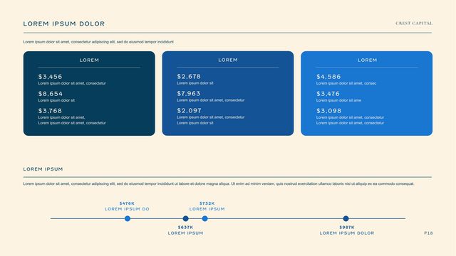 Sample investor deck: Three blue summary cards above a timeline
