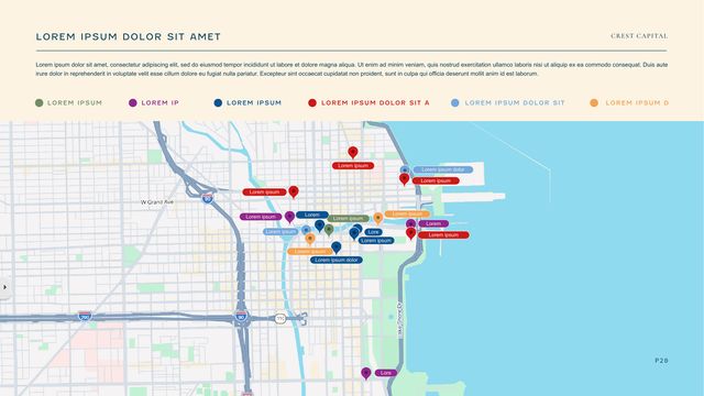 Sample investor deck: City map slide with colour-coded location pins
