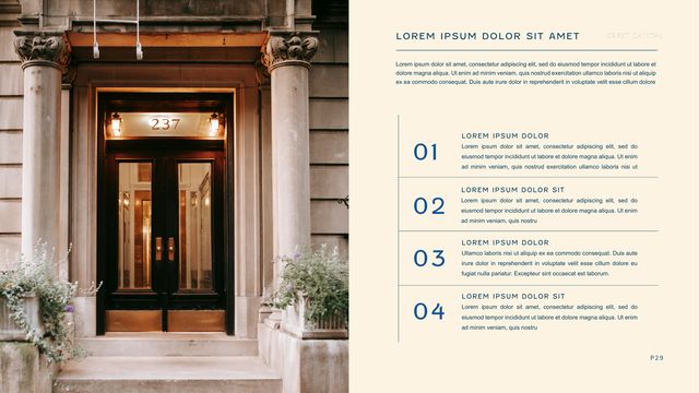 Sample investor deck: Doorway photo beside a numbered four-point list
