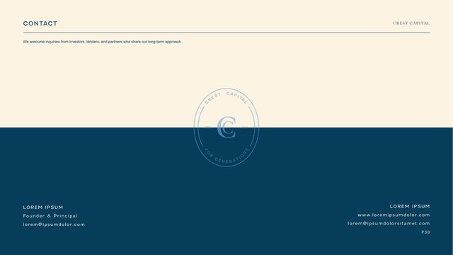 Sample investor deck: Contact slide with the Crest Capital crest on navy
