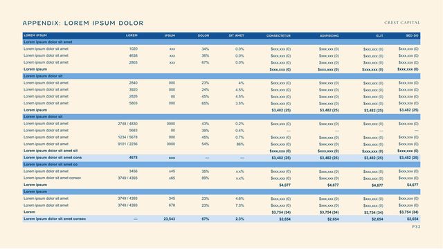 Sample investor deck: Appendix slide with a detailed data table