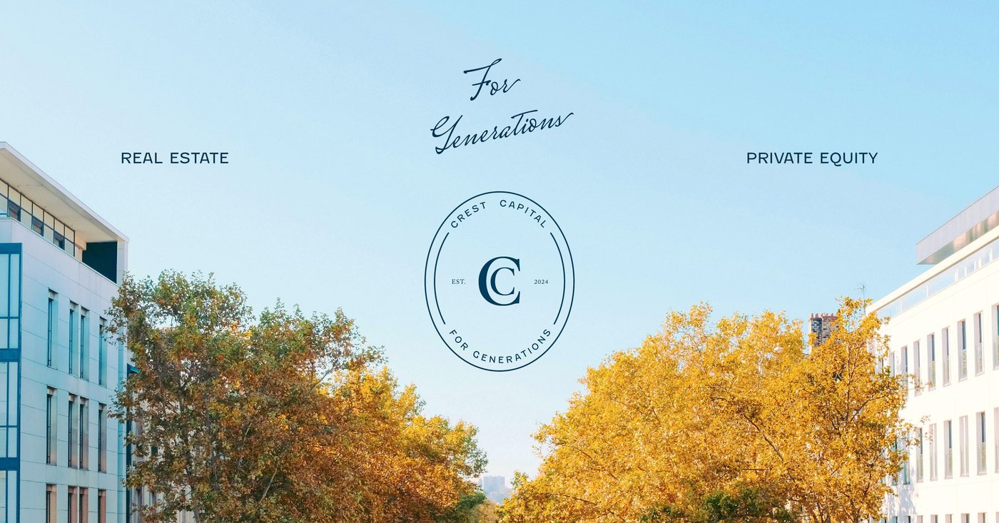 The Crest Capital crest logo and script tagline For Generations, flanked by Real Estate and Private Equity, set against a blue sky, autumn trees and buildings